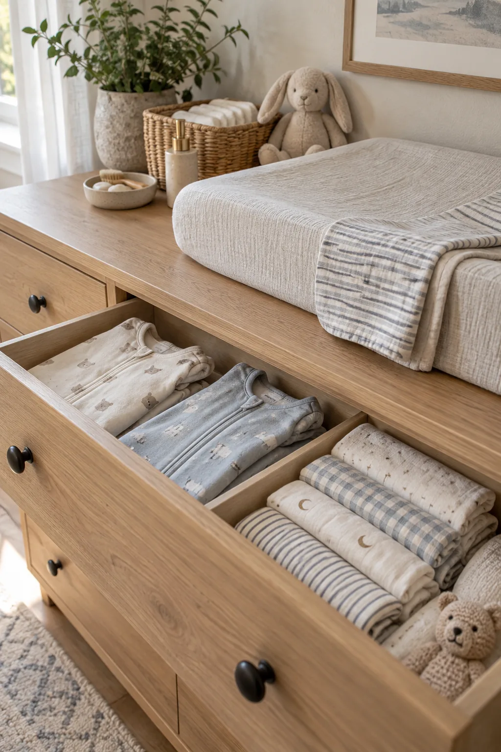 Wide wooden dresser with a changing pad on top