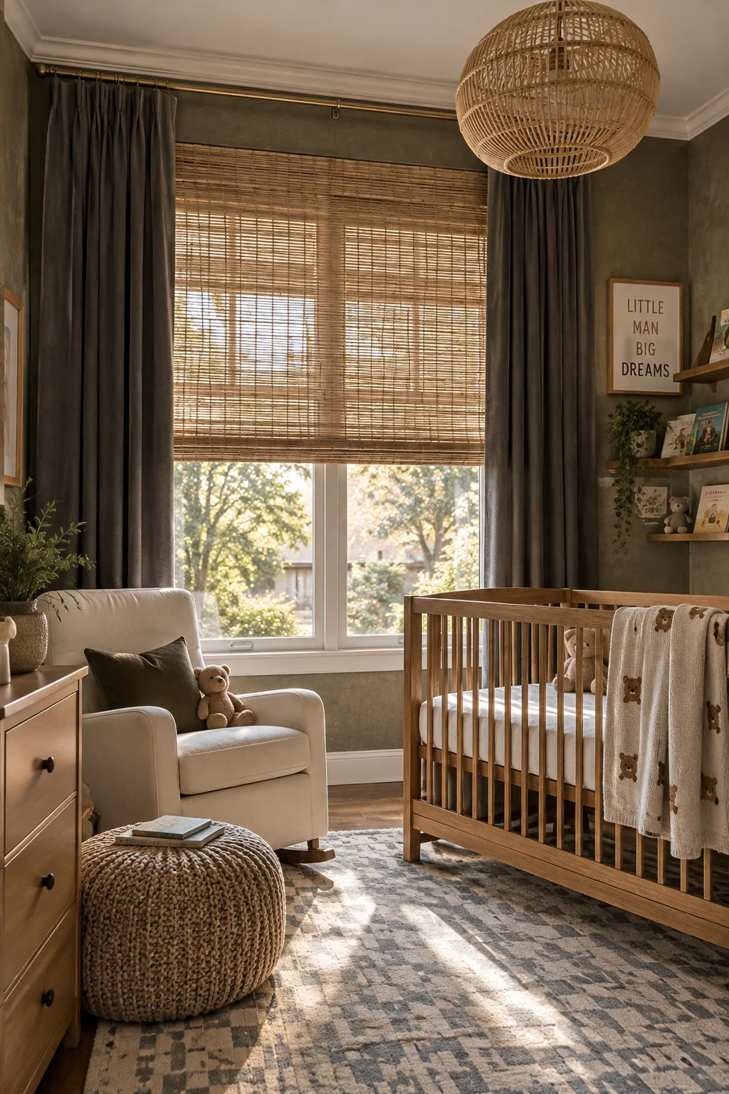 Bamboo roman shades layered under blackout curtains in a nursery