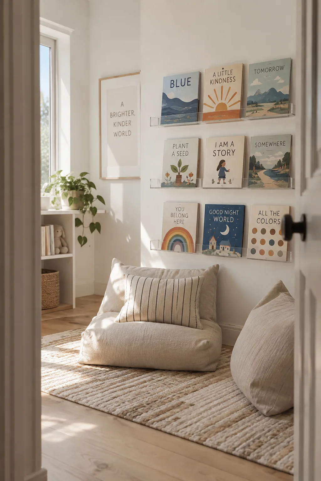 Acrylic book ledges mounted low on a nursery wall