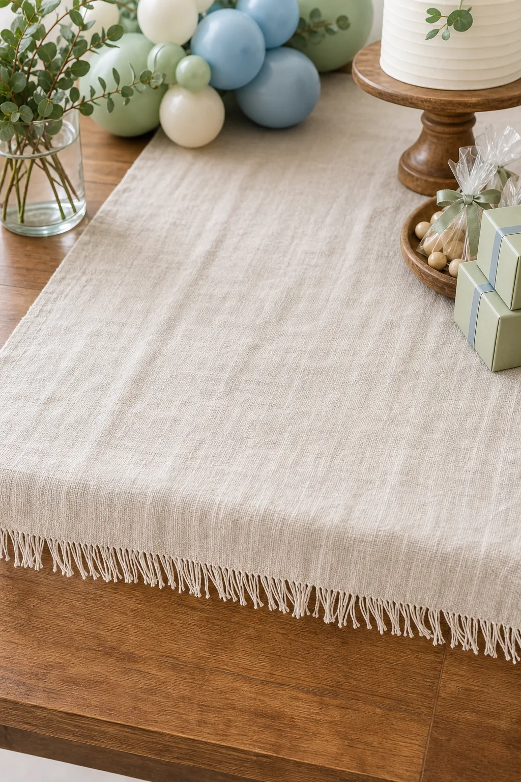Close-up of a fringed linen table runner draped over a wooden table with the front edge exposed.