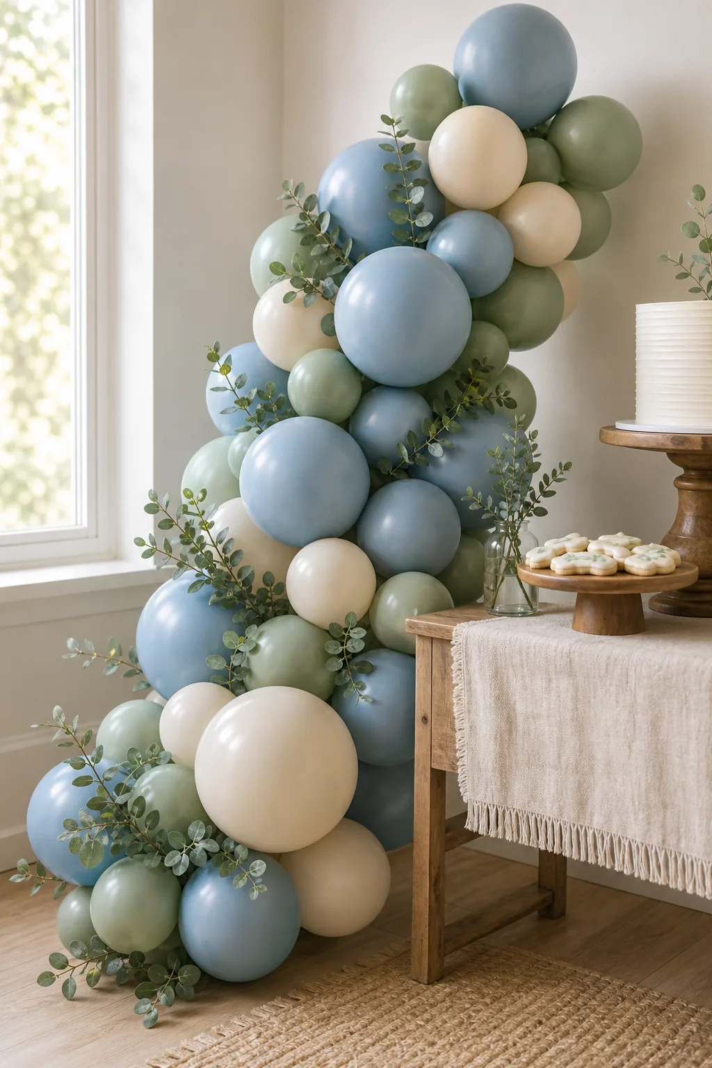 A balloon garland made of dusty blue, sage, and cream balloons intertwined with eucalyptus leaves.