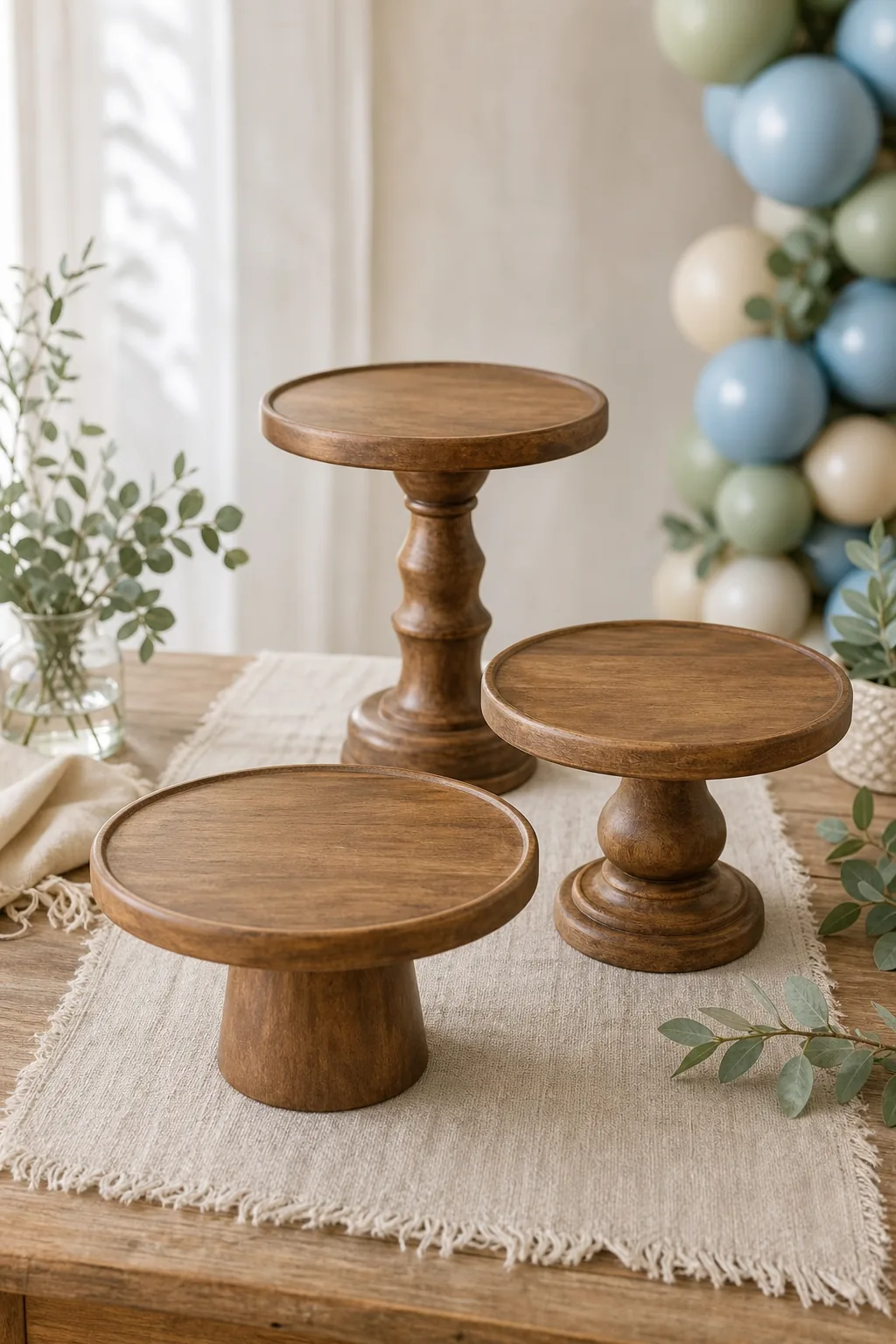Three wooden cake pedestals of varying heights clustered together on a table.