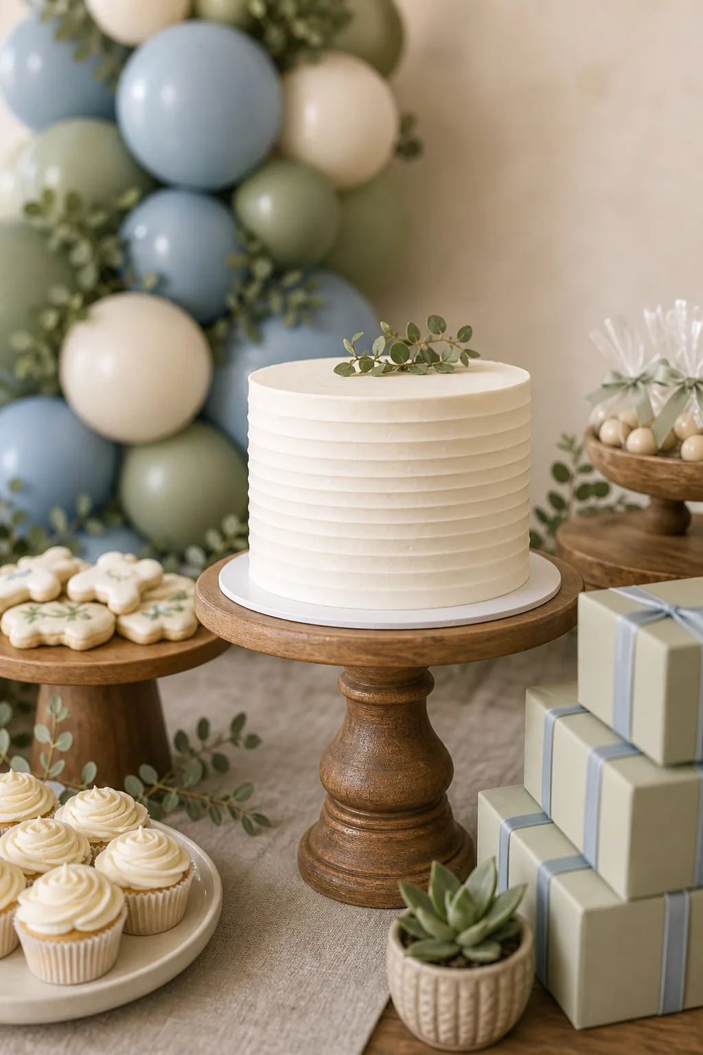 A white ribbed buttercream cake topped with greenery on a tall wooden stand.