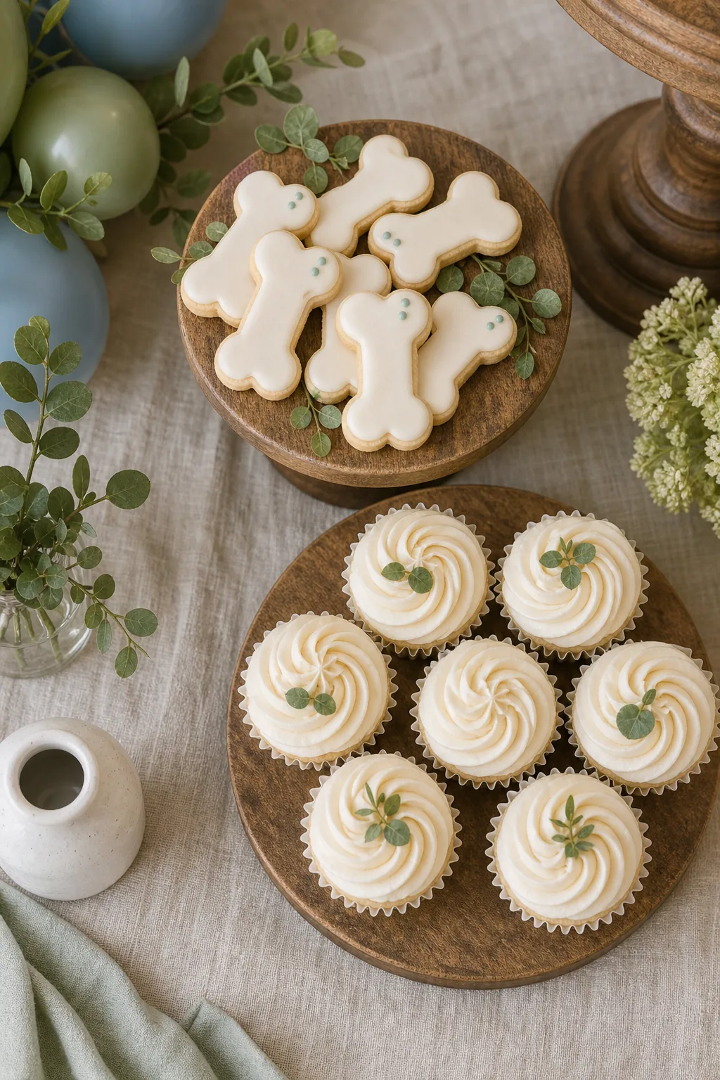 White frosted cupcakes and cookies displayed on low wooden cake stands.