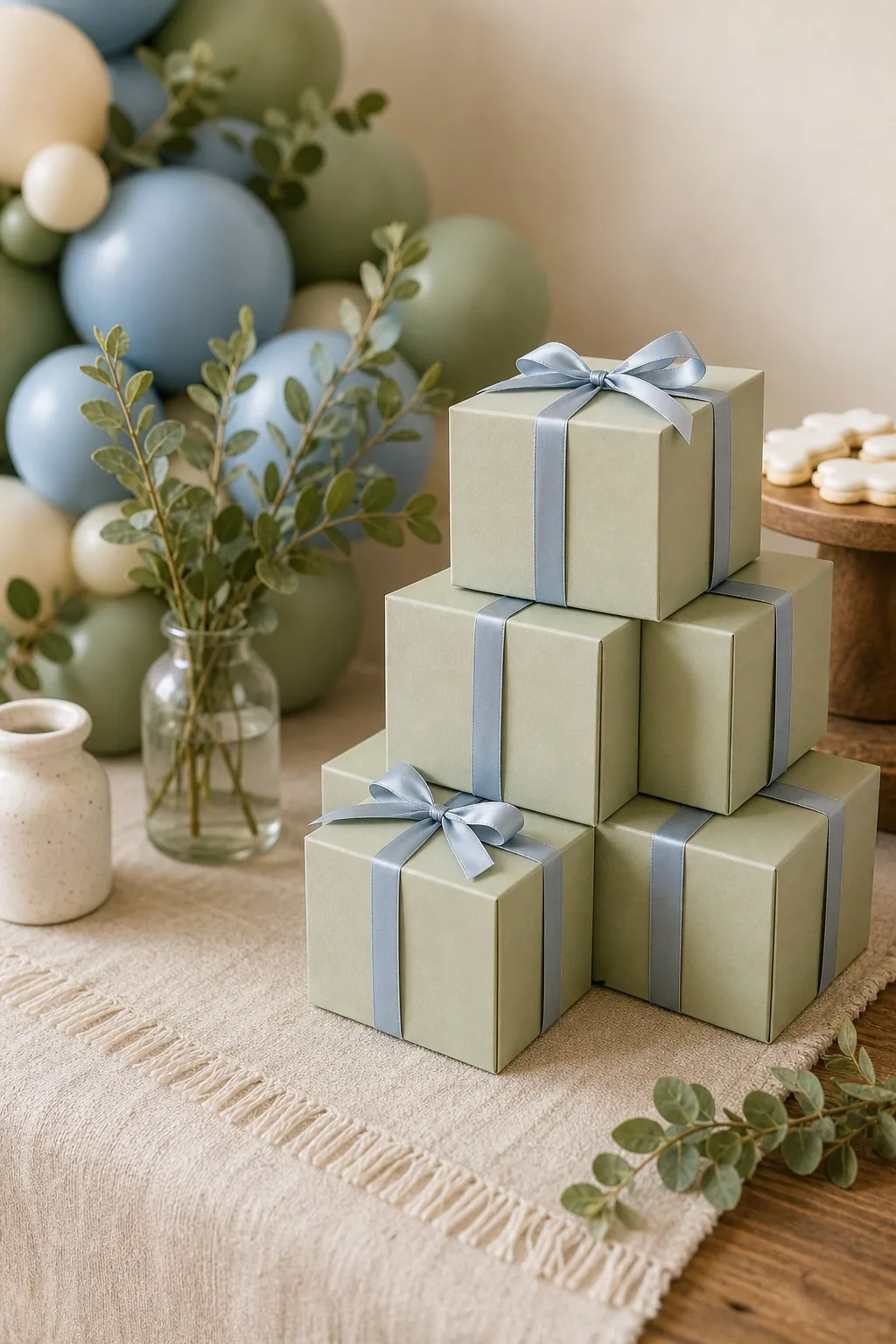 A stack of sage green favor boxes tied with dusty blue ribbons on a table.