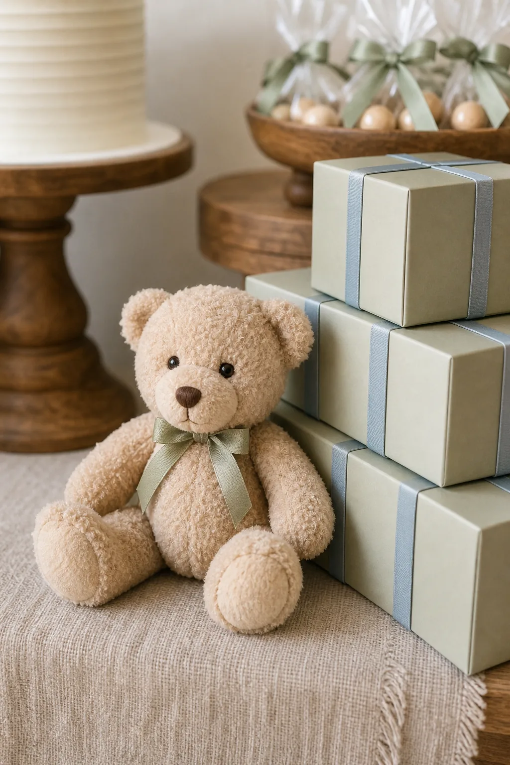 A small plush teddy bear with a sage ribbon sitting next to favor boxes.