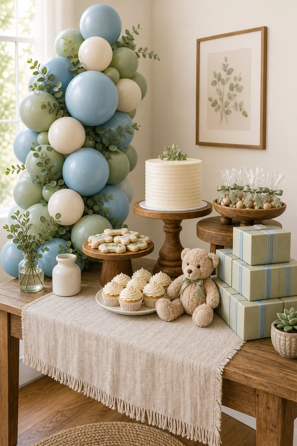 A fully styled dessert table with balloons on the left and stacked favors on the right.
