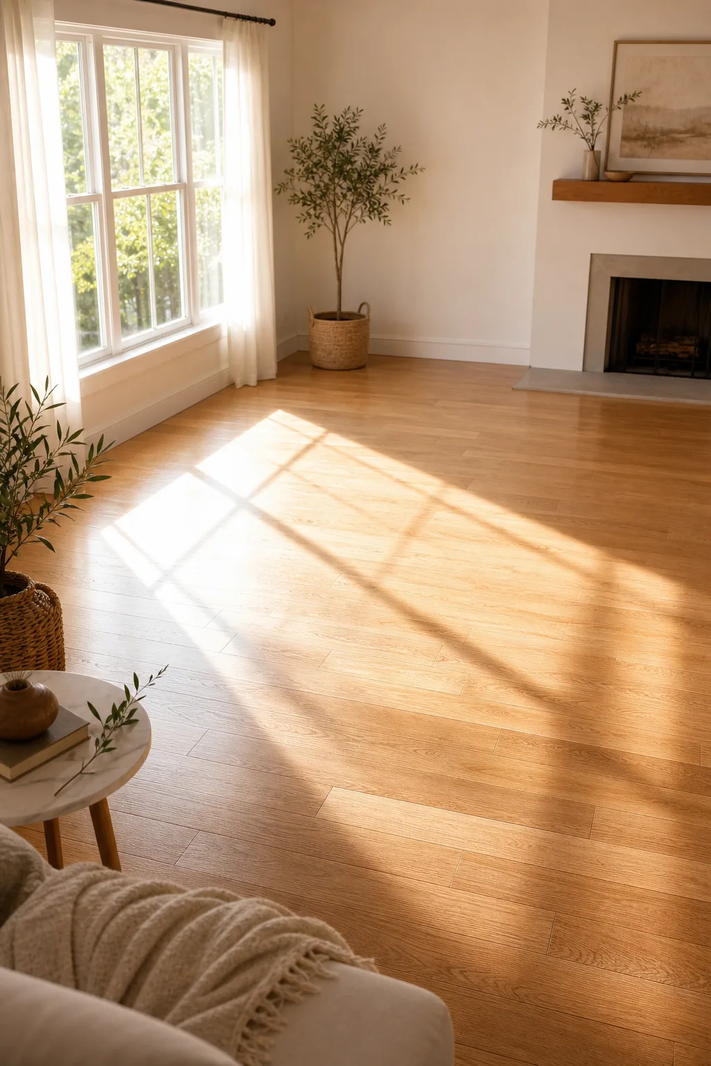 Soft sunlight streaming across a warm hardwood floor from a large window.