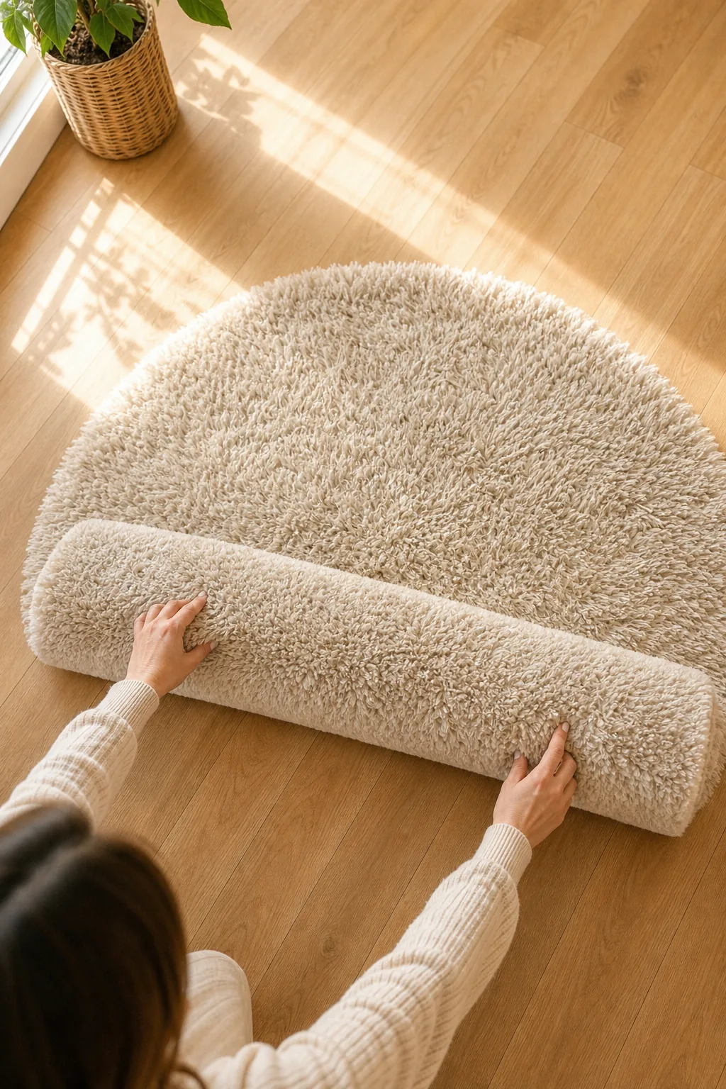 Hands unrolling a thick, plush neutral rug on a hardwood floor.
