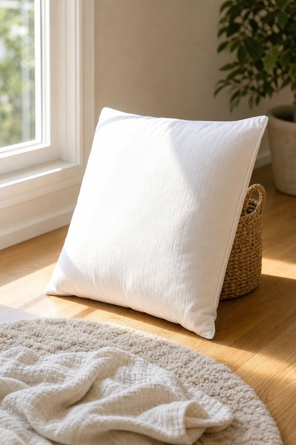 A white bed pillow propped against a basket on the floor, facing a window.