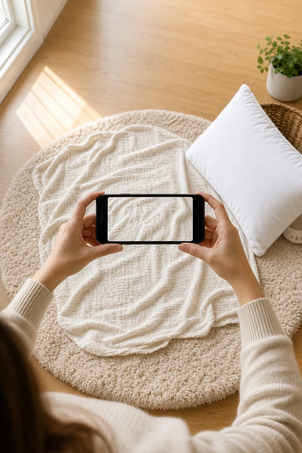A smartphone held horizontally over a textured blanket setup on the floor.