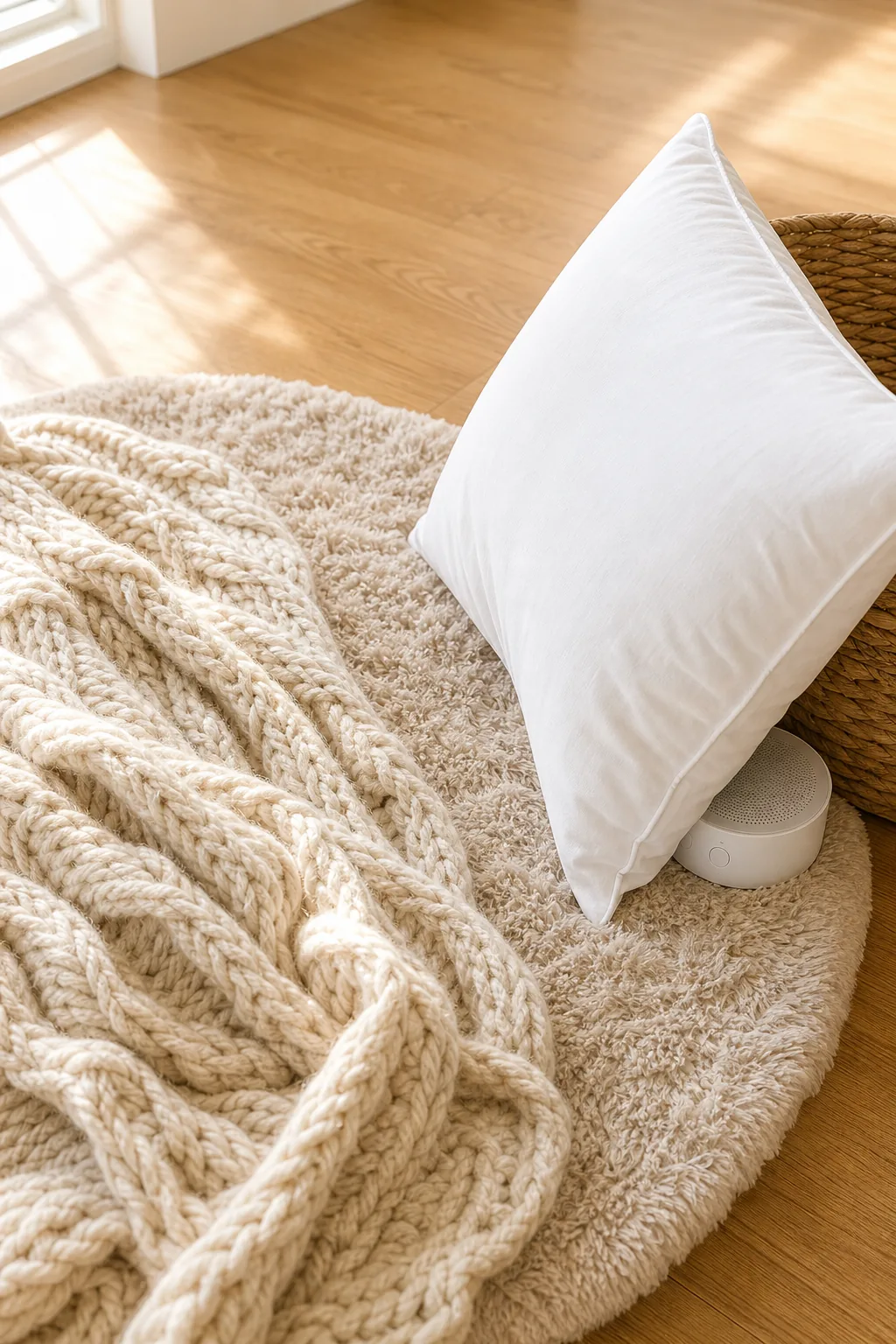 A small white noise machine placed behind a pillow on the floor.