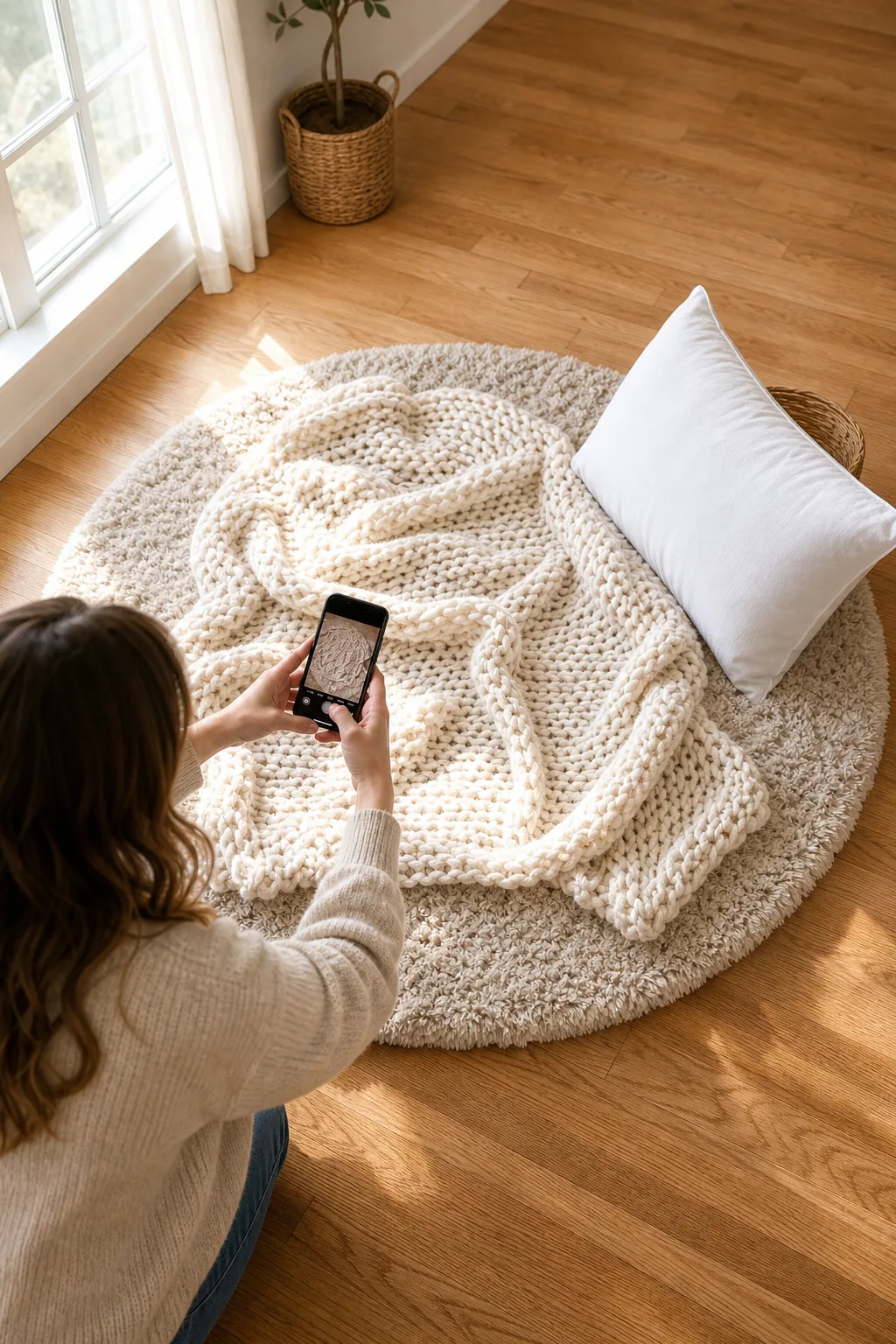 A chunky knit blanket styled on the floor in a photo setup.