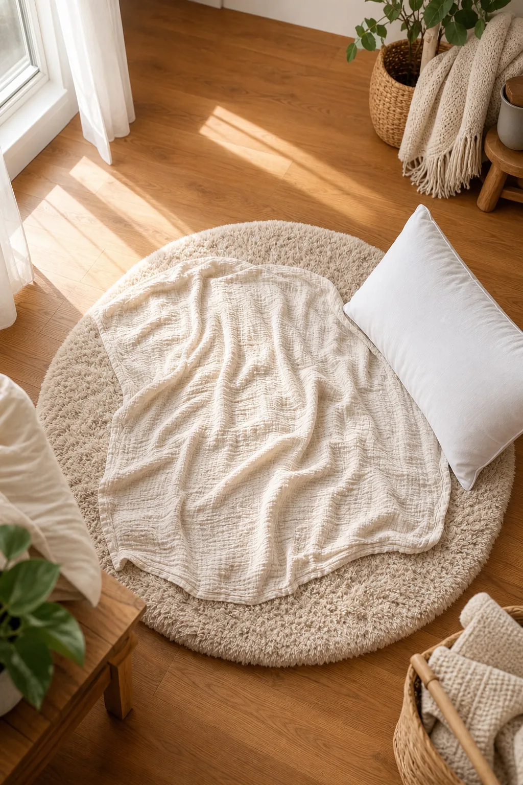 A completed baby photo setup on the floor, perfectly lit by a window.