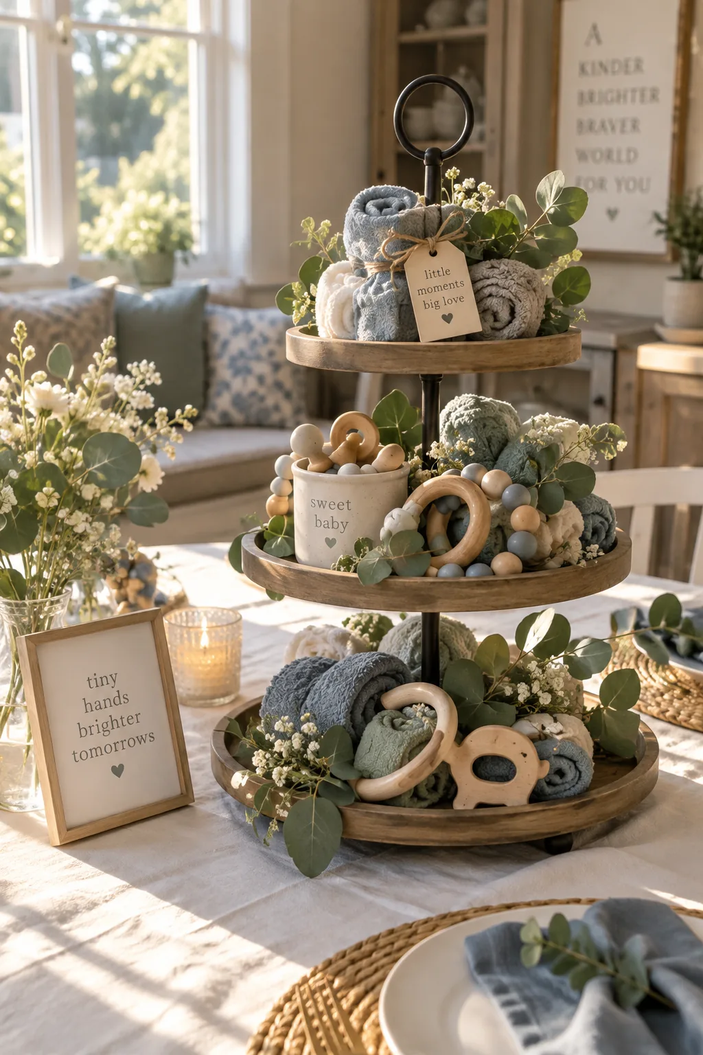 Three-tiered stand filled with rolled washcloths and pacifiers