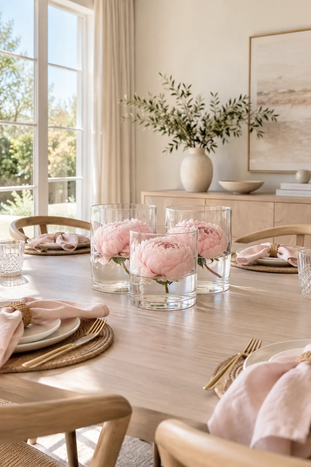 Three identical glass vases with floating pink peonies