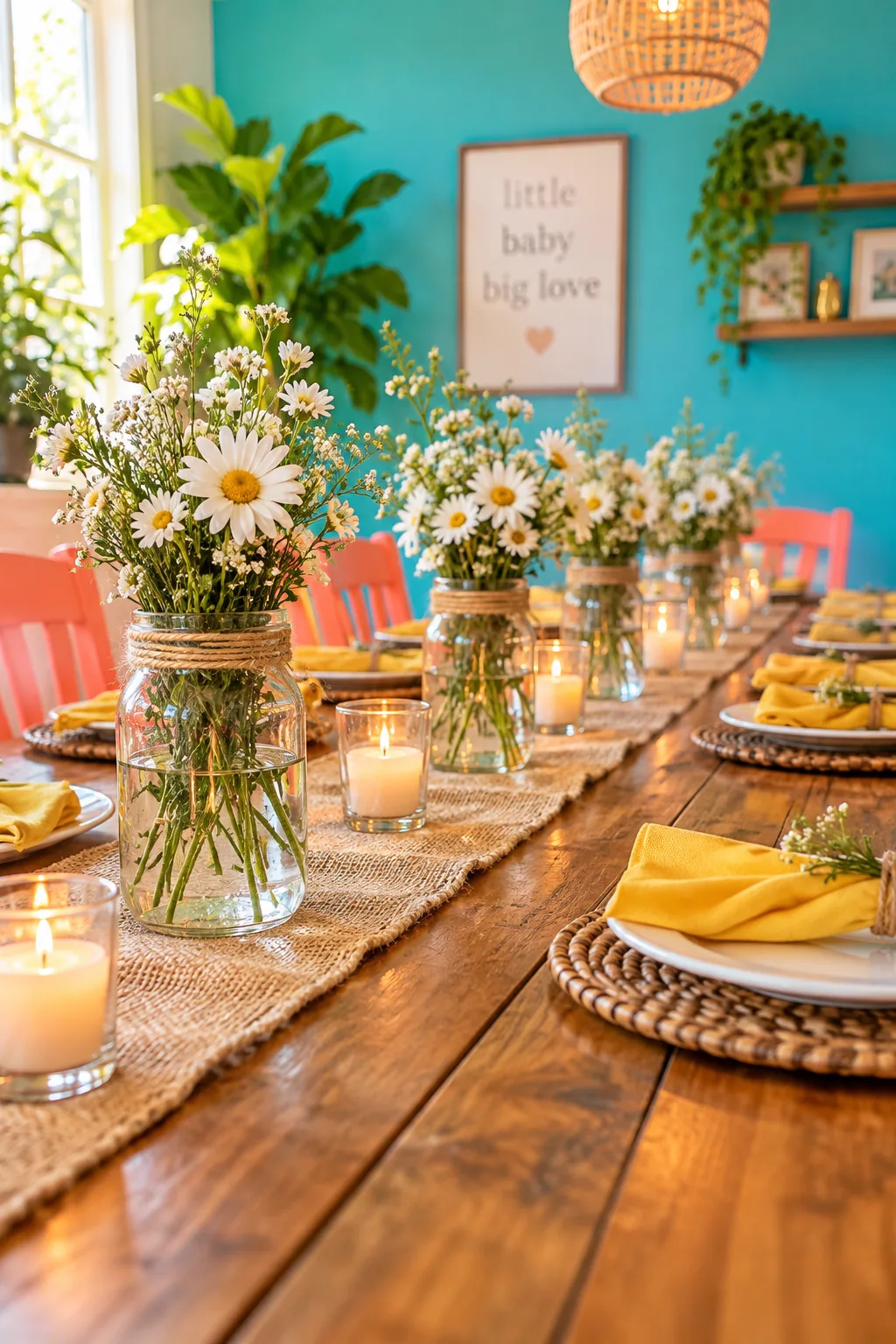 Five mason jars with daisies lined up on a table
