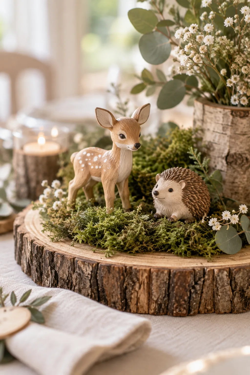 Wood slice topped with green moss and animal figurines