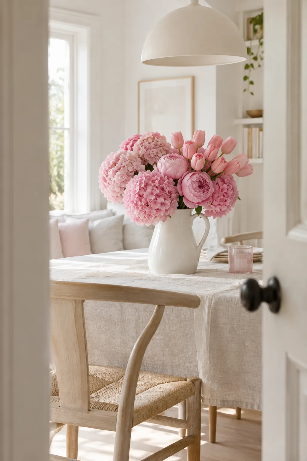 White ceramic pitcher filled with bright pink flowers