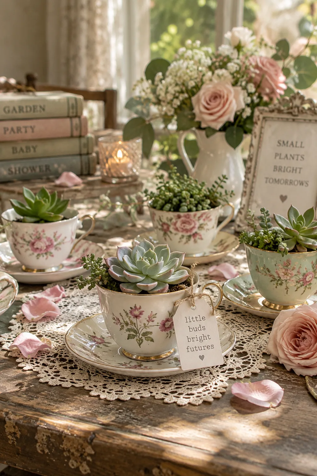 Vintage teacups planted with small green succulents