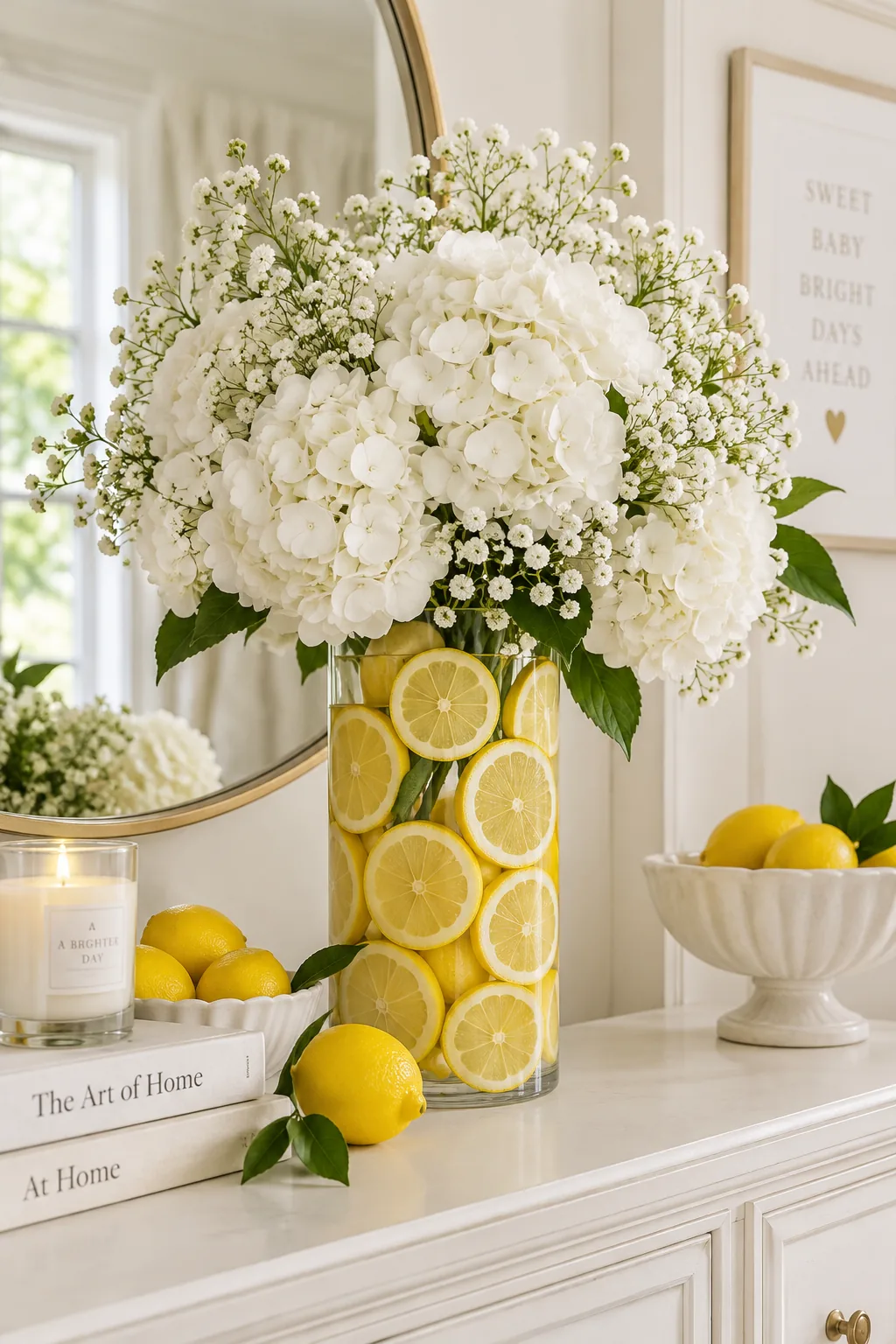 Glass cylinder lined with sliced lemons and topped with white hydrangeas