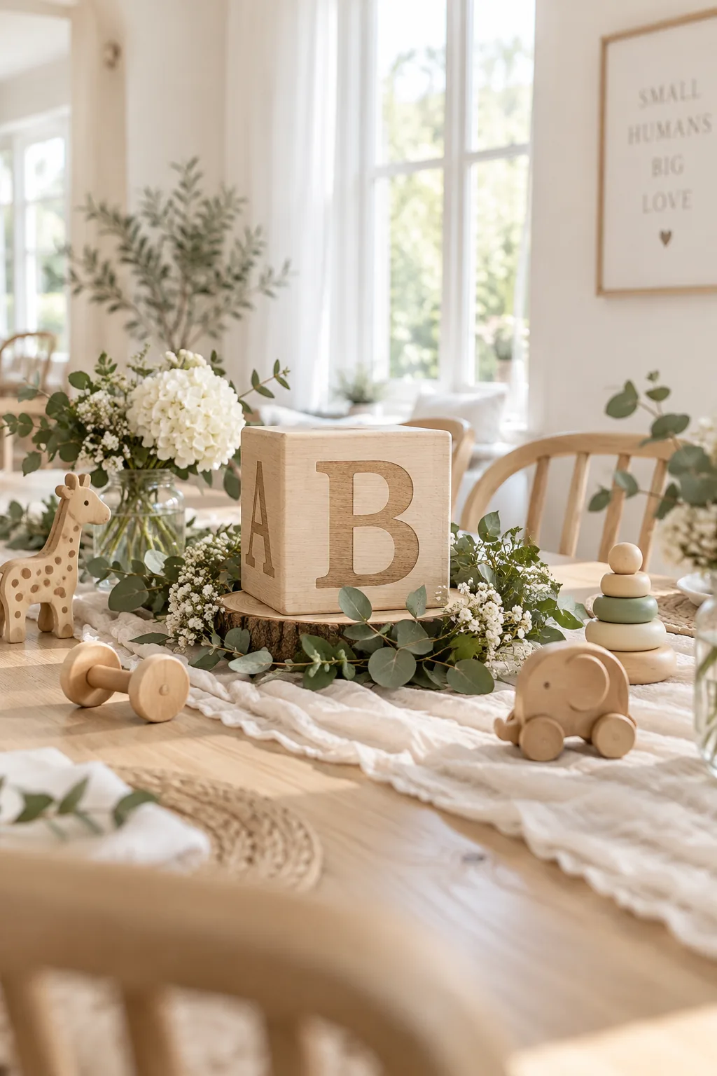 Large wooden alphabet block surrounded by greenery