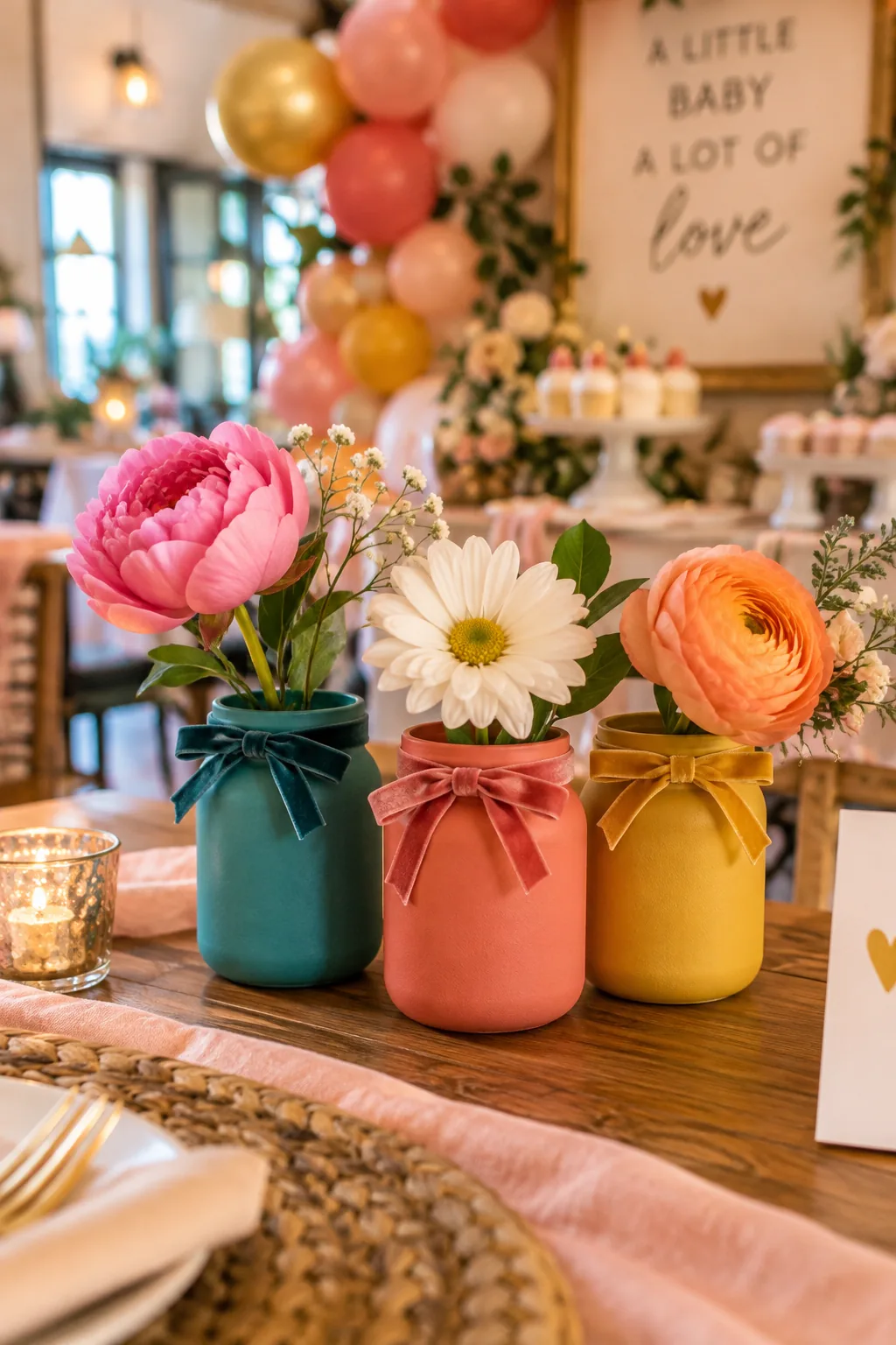 Painted baby food jars holding single flowers