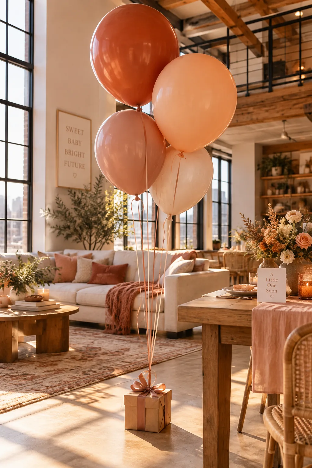 Four matte balloons tied to a small kraft paper box