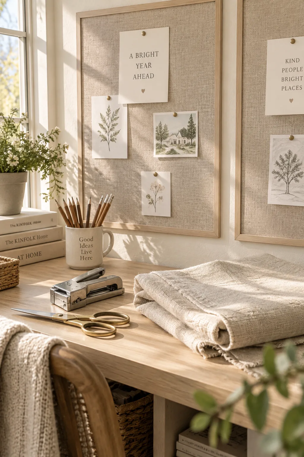 Bulletin board covered in smooth cotton fabric instead of paper.
