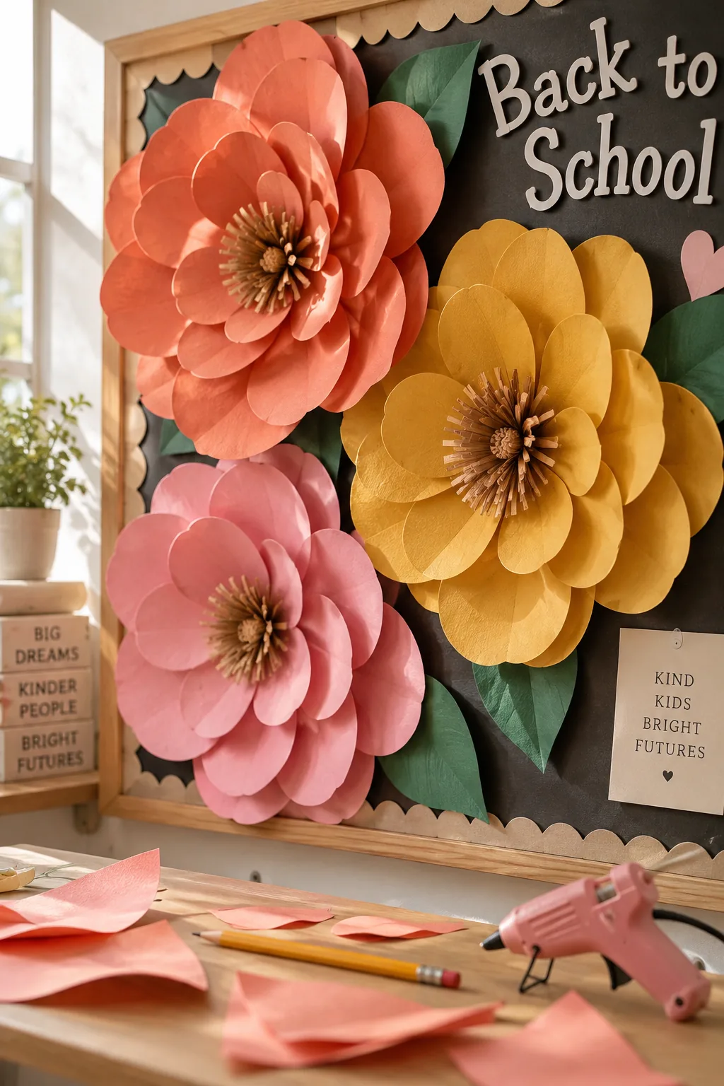 Three giant 3D paper flowers on a bulletin board.