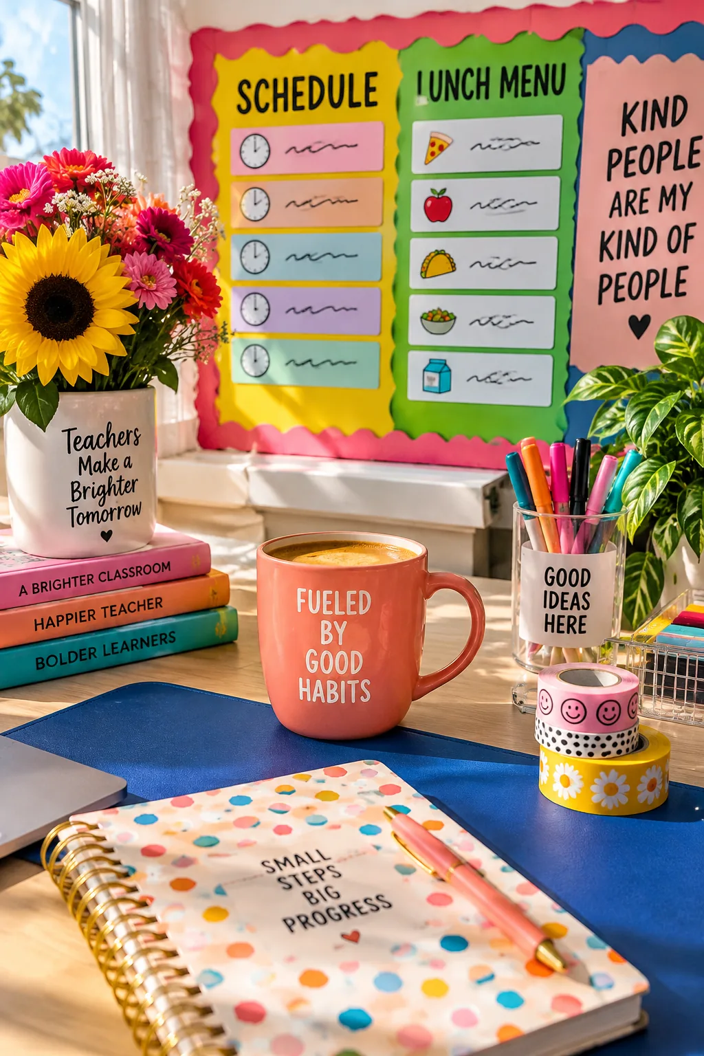 Bulletin board with information grouped by colored backing paper.