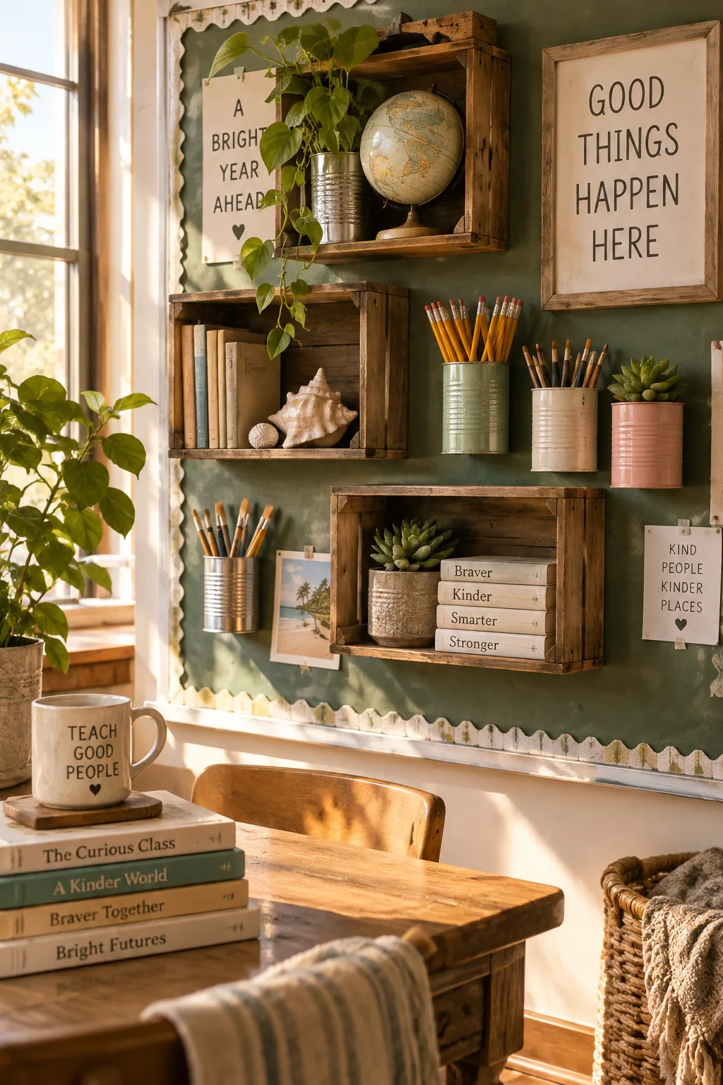 Empty paint cans stapled to a bulletin board acting as shelves.