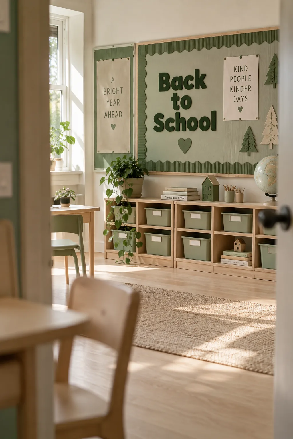 Bulletin board designed entirely in shades of green.