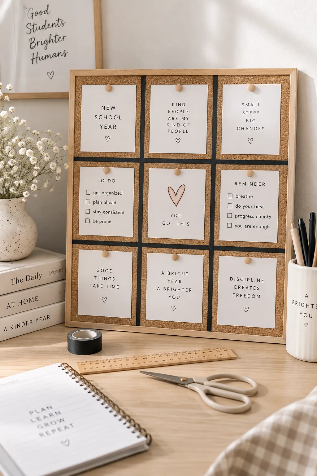 Bulletin board divided into a neat grid with black tape.