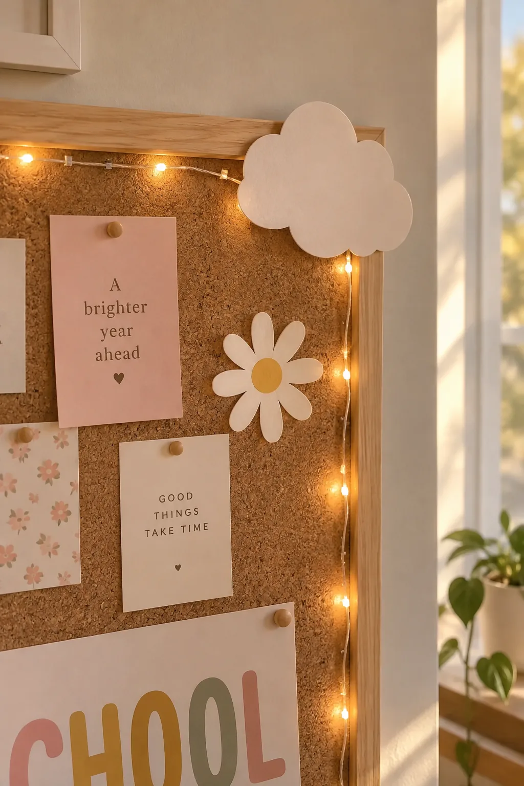 String of warm fairy lights framing a bulletin board.
