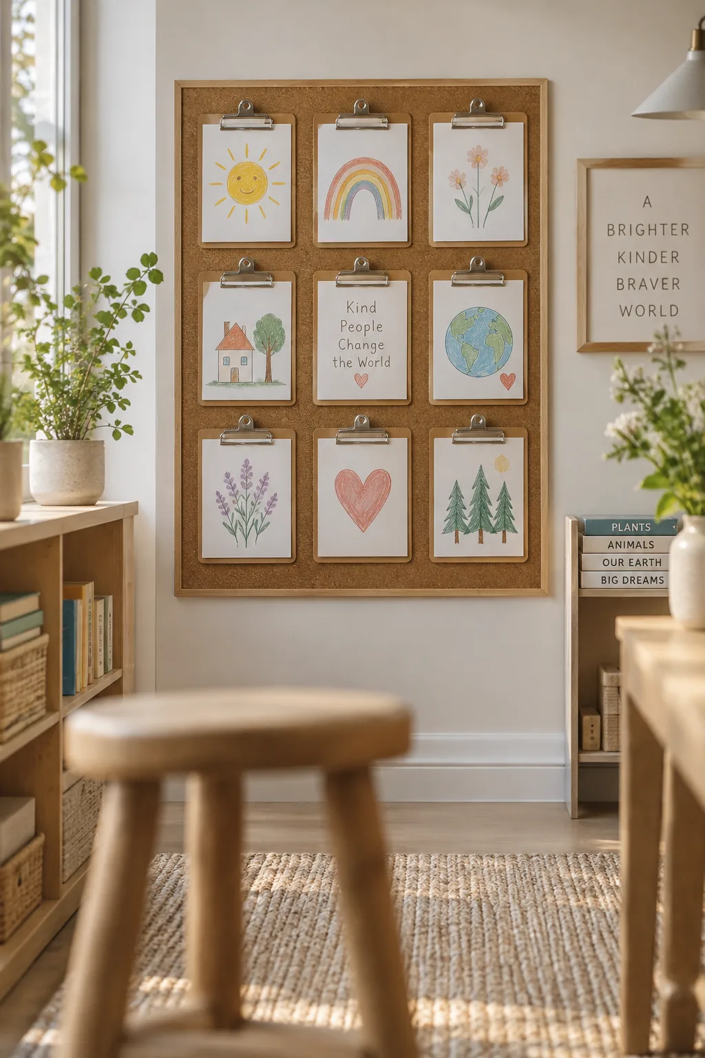 Nine wooden clipboards mounted in a square on cork.