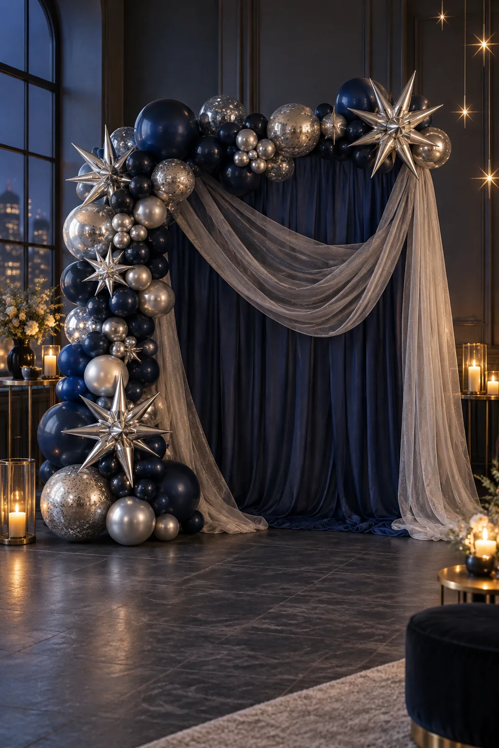 A freestanding photo backdrop featuring navy blue draping and silver starburst balloons.