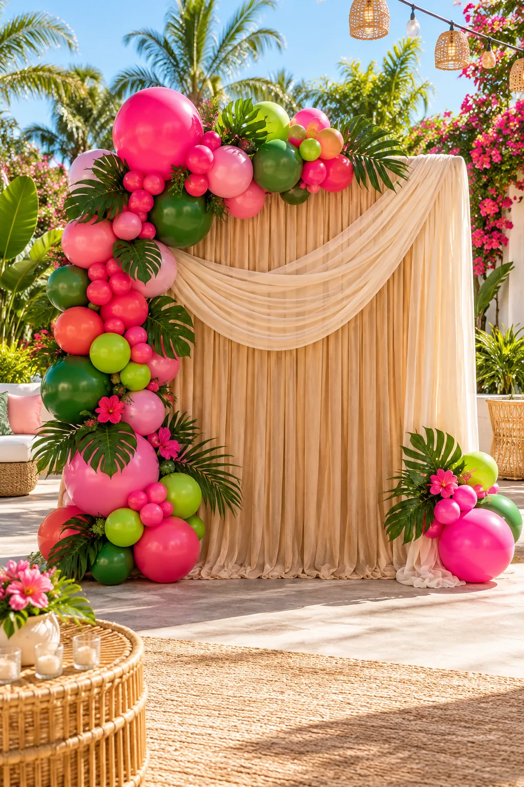 A vibrant photo backdrop with hot pink and green balloons over a bamboo-toned drape on a sunny patio.