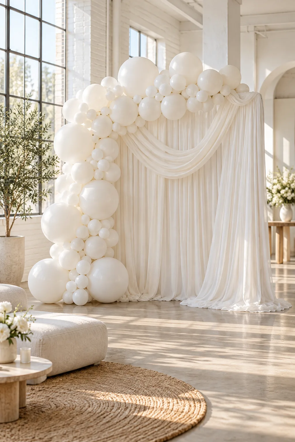 A minimalist photo backdrop featuring an all-white balloon garland and crisp linen draping in a modern loft.