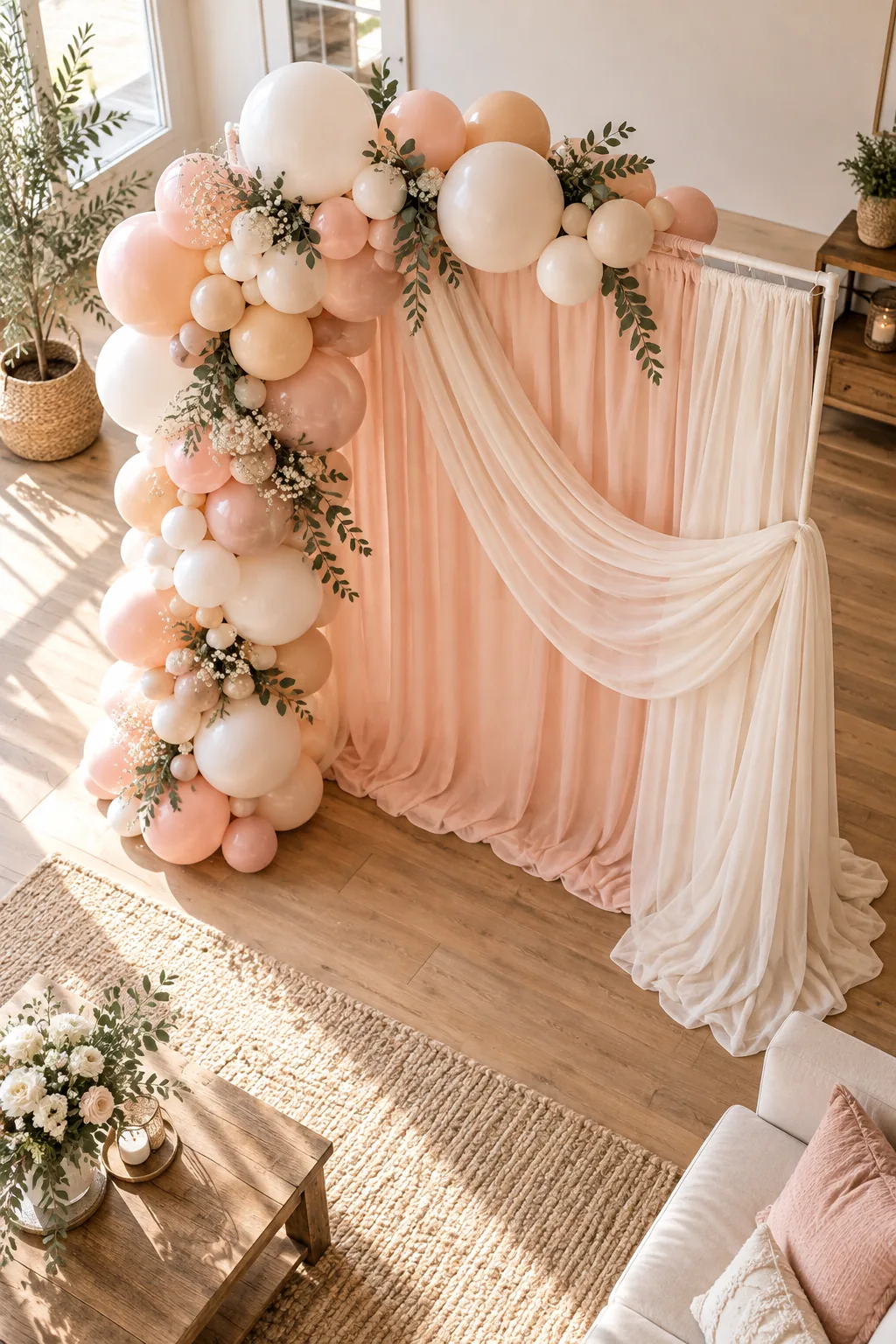 A slight gap in sheer draped fabric revealing a sturdy white PVC pipe frame behind it.