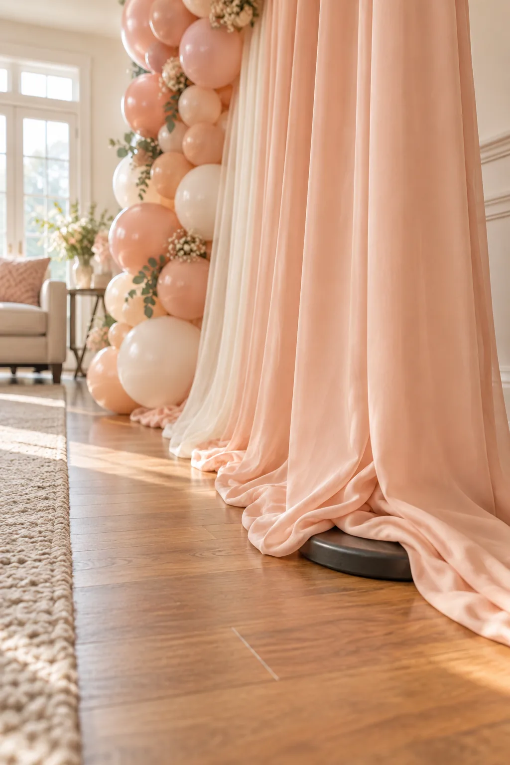 A flat iron barbell weight resting on a wood floor, partially hidden by draped peach fabric at the base of a backdrop.