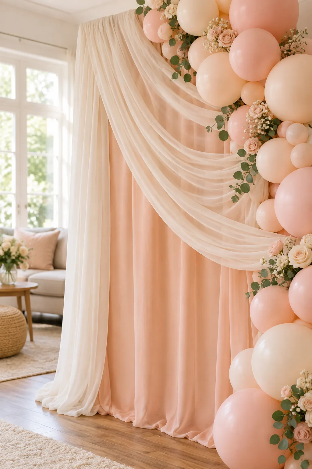Close-up of smooth, opaque peach fabric hanging in rich folds.