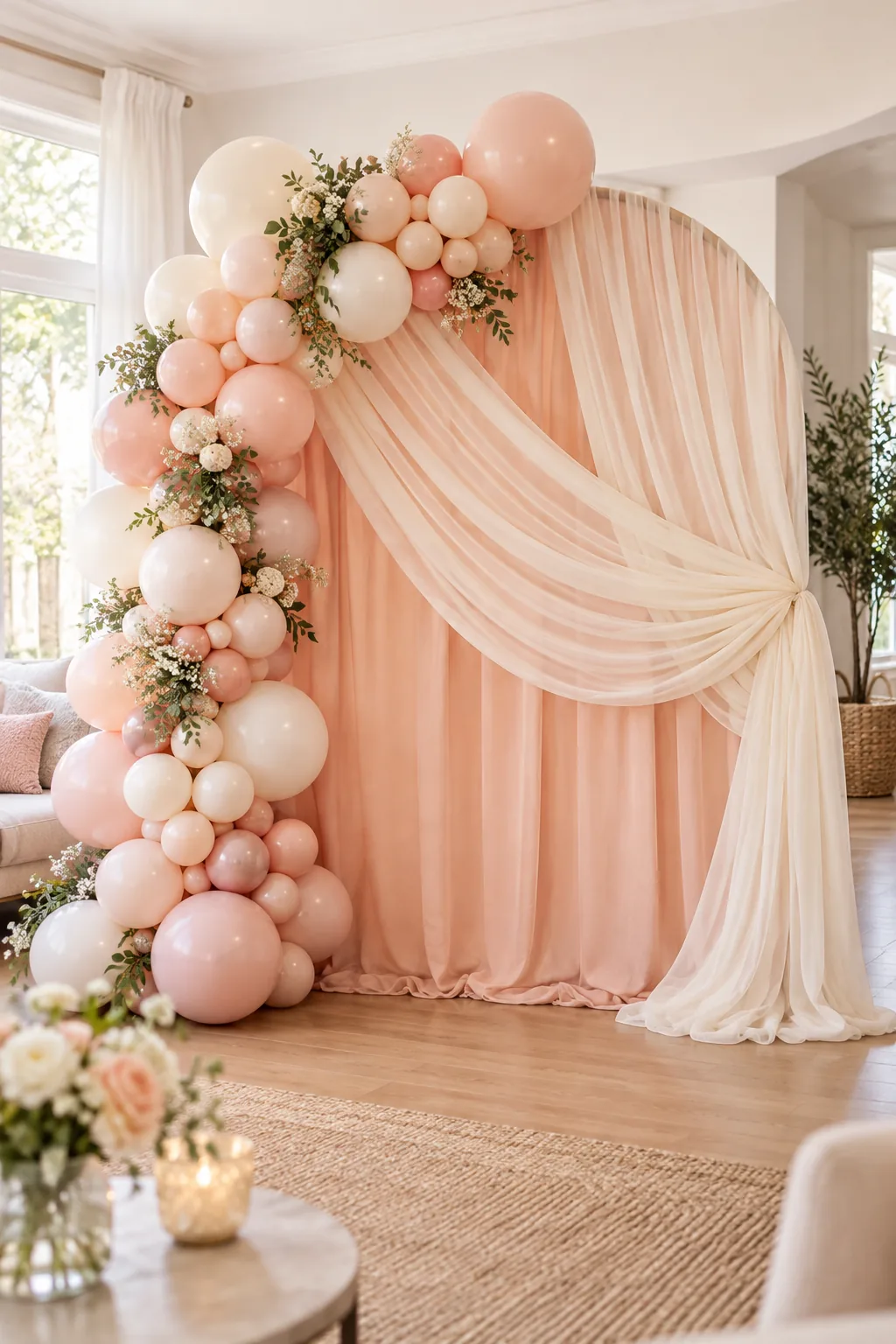 Sheer cream fabric draped asymmetrically over a solid peach background.