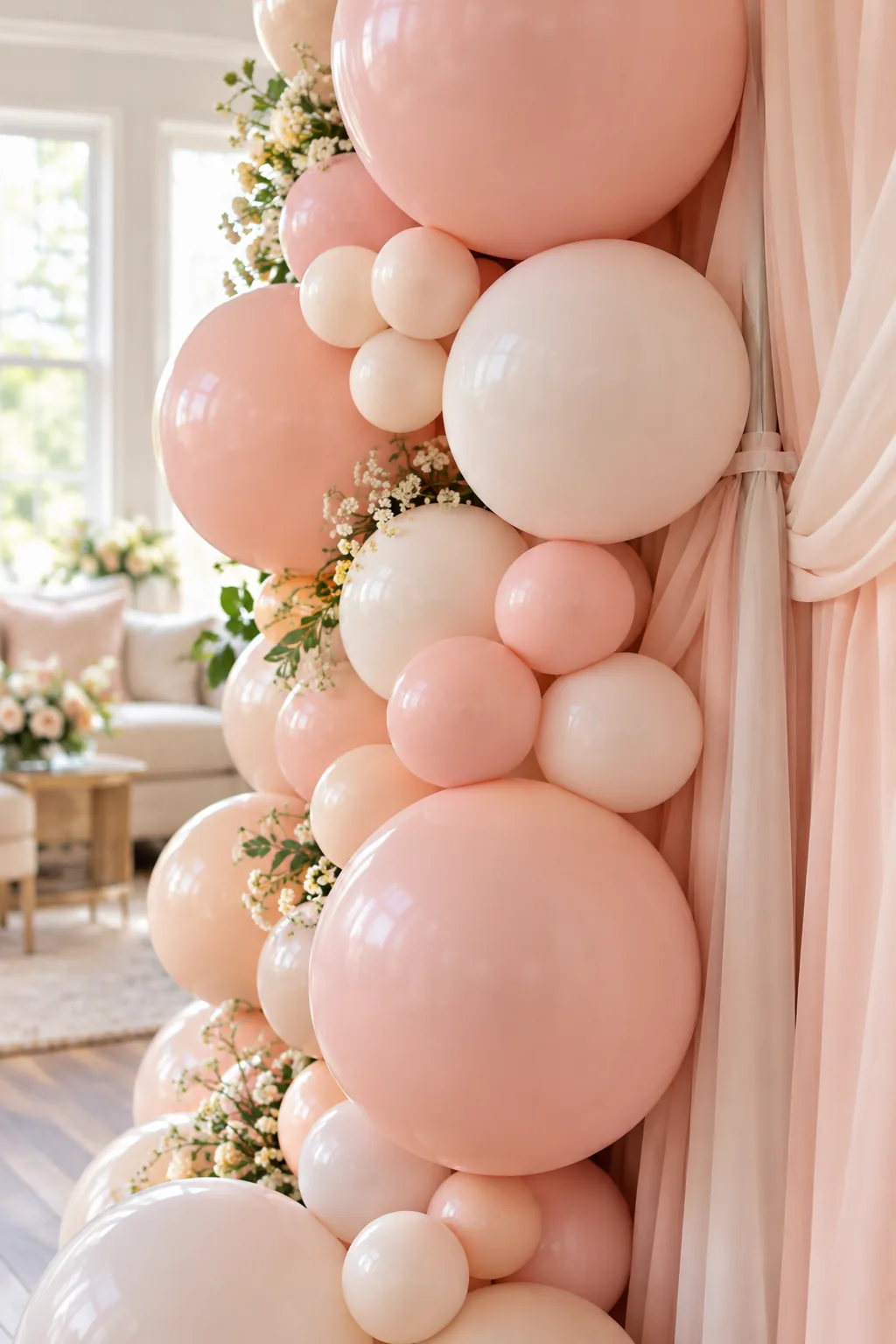 A clear zip tie securing a large blush balloon cluster tightly against a draped frame.