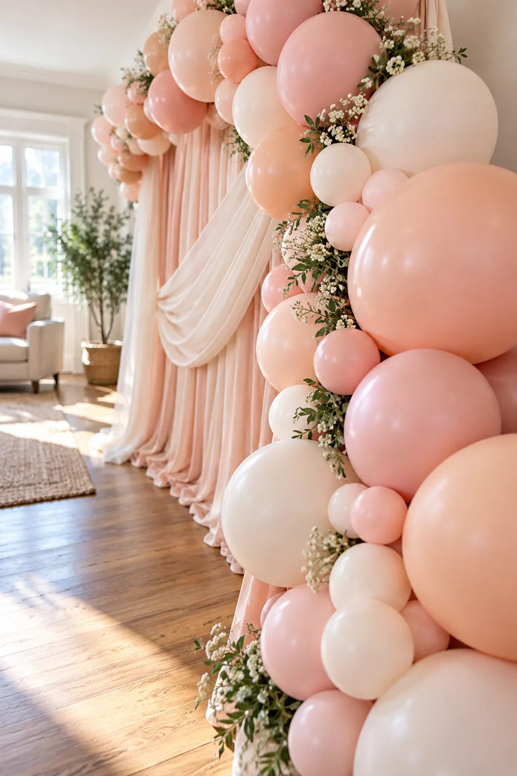 A lush balloon garland featuring a mix of large 18-inch and small 5-inch balloons in peach and blush tones.