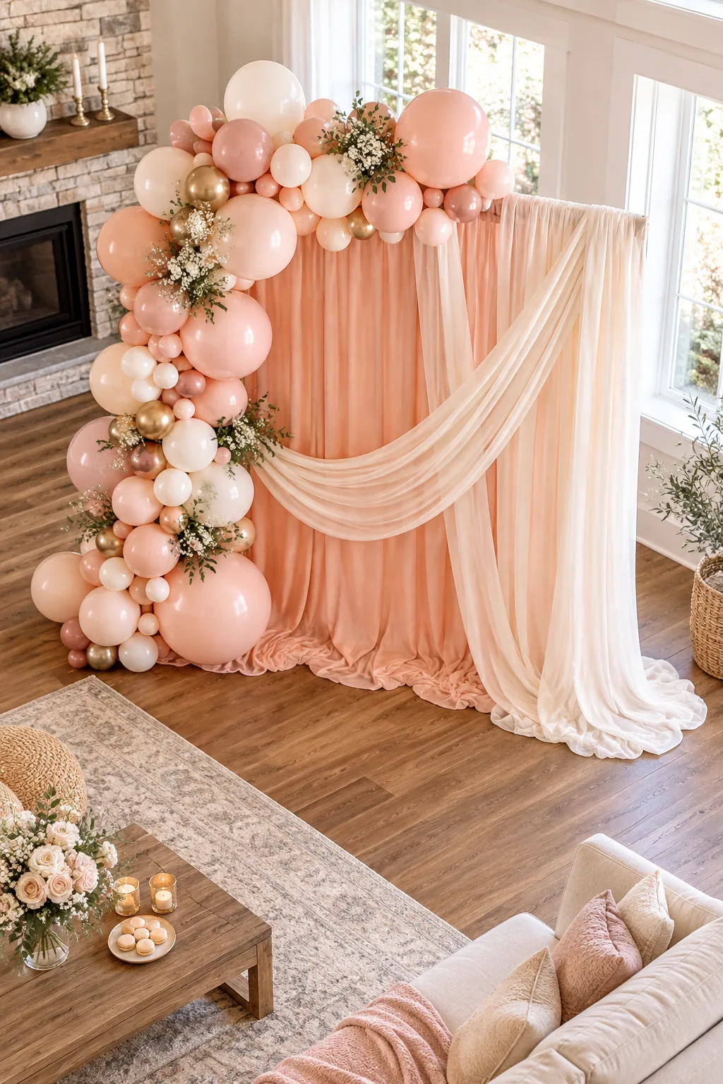 Peach and cream fabric pooling generously on a wood floor to hide a backdrop base.