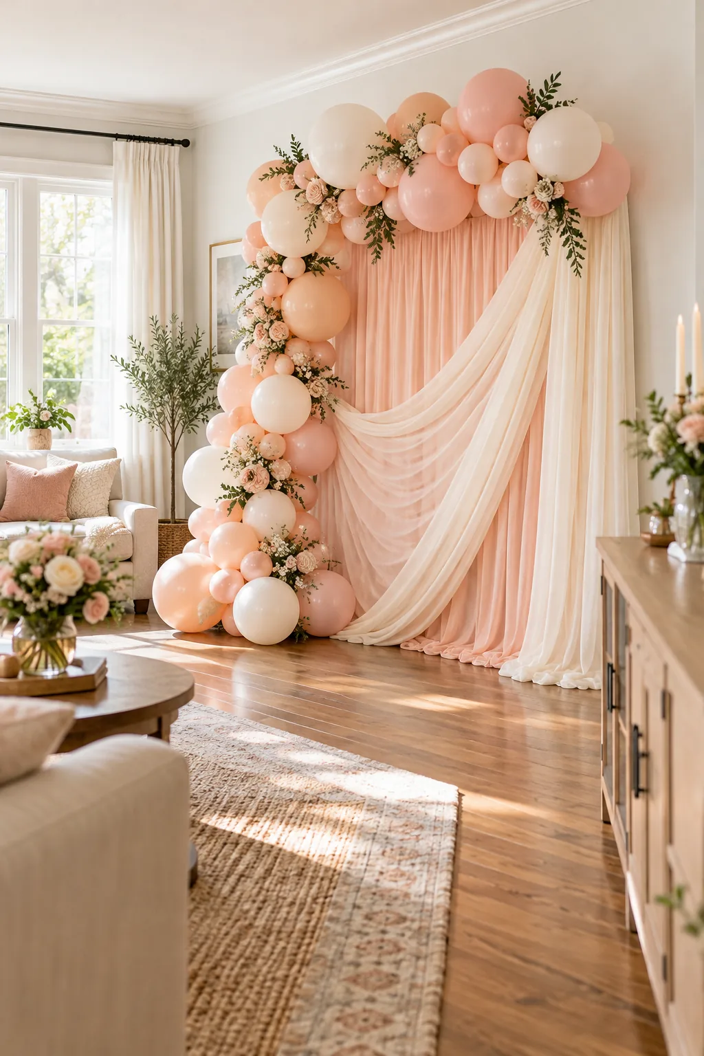 A fully styled, perfectly proportioned freestanding photo backdrop in a bright living room.