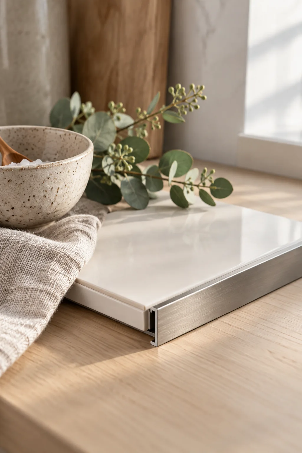 Close up of a thin metal edge profile finishing a white subway tile backsplash