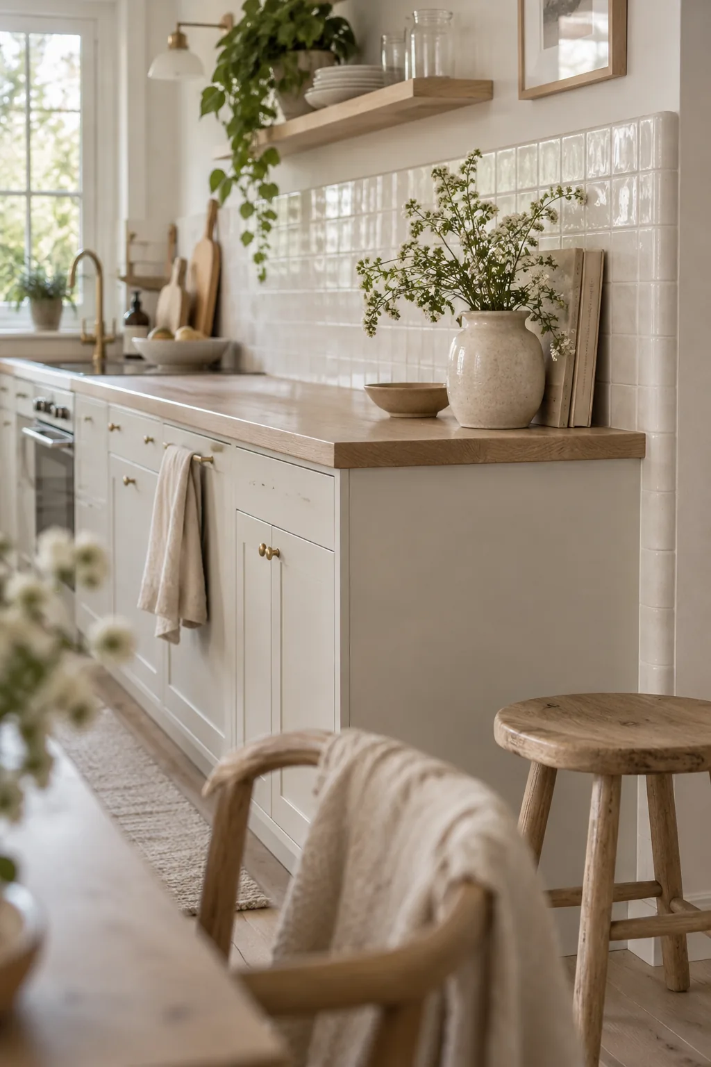 Ceramic bullnose tile finishing the edge of a kitchen backsplash