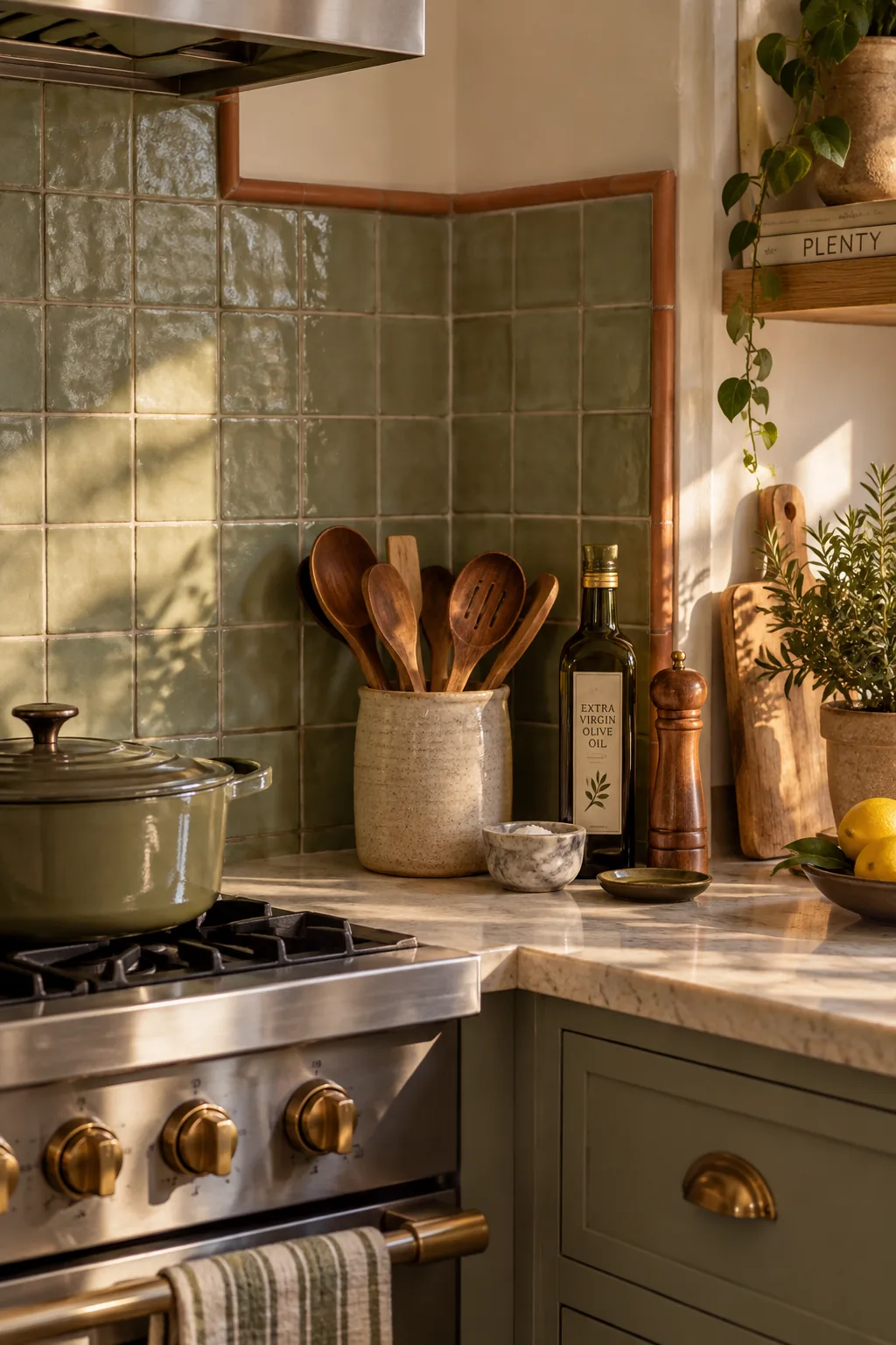 Dark pencil liner tile framing a light stone backsplash